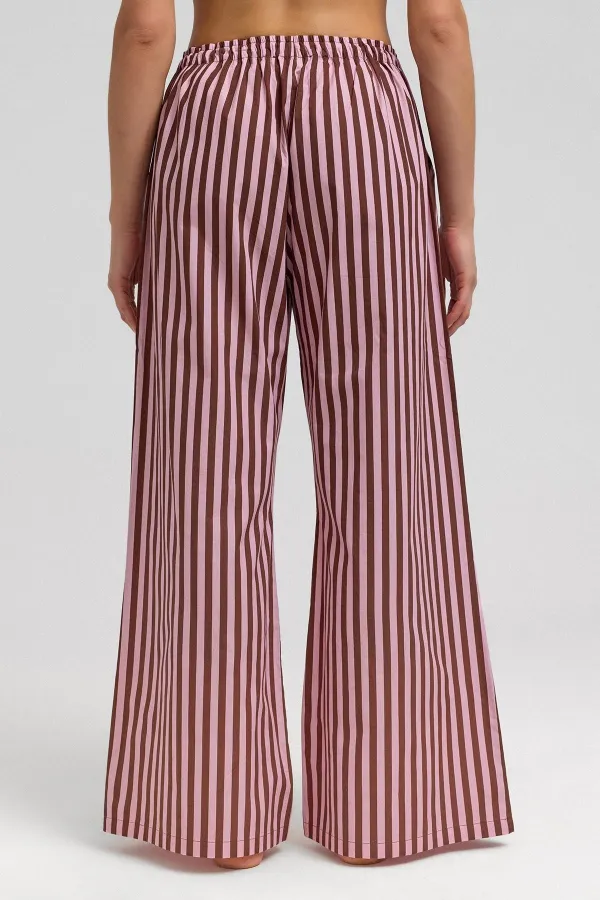 Pantalon de pyjama rayé en popeline de coton pour femme, marron et rose, style égyptien.