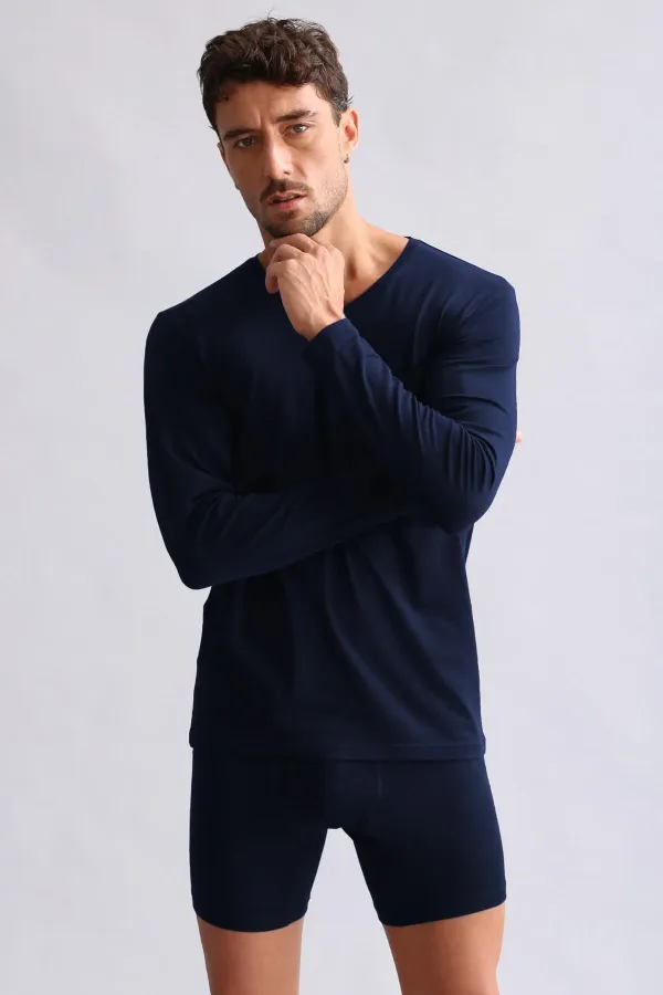 Mısırlı Modal By TENCEL HERCULES Slim Fit V-Neck Long-Sleeve Undershirt/T-Shirt Navy Blue