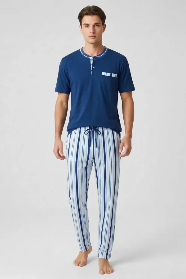 Ensemble 3 pièces pour homme en coton égyptien bleu marine, à boutons