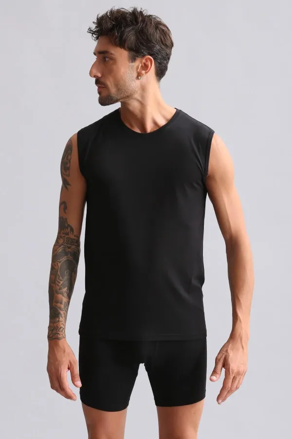 Débardeur/T-shirt de sport noir à col rond, coupe ajustée, en modal égyptien TENCEL HERCULES