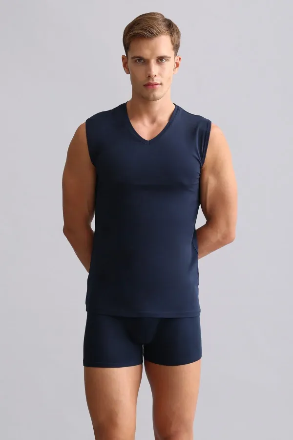 Mısırlı BAMBOO HERCULES Slim Fit V-Neck Athletic Tank Top/T-Shirt Navy Blue