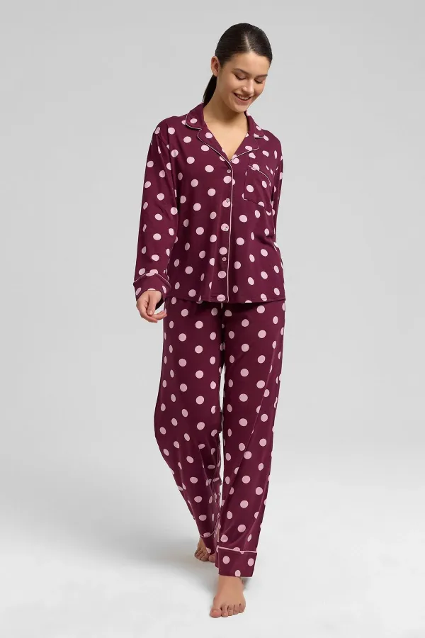 Mısırlı Women's Modal Polka Dot Pajama Set Burgundy