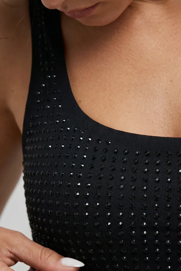 Mısırlı Taş Baskılı Kare Yaka Mayo Siyah