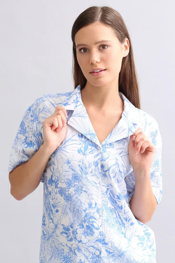 Mısırlı Kadın Pamuk Gömlek Şort Takım Mavi