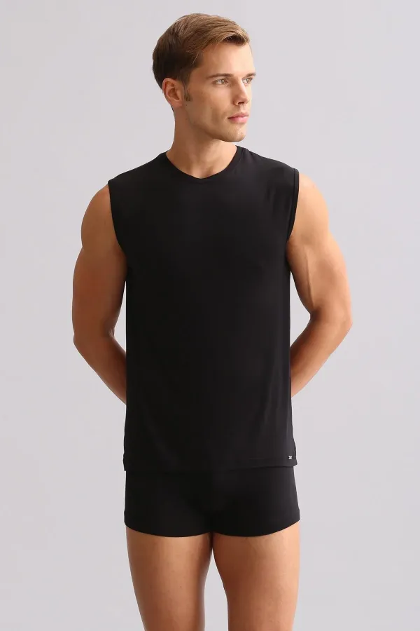 Débardeur/T-shirt de sport noir ZEUS LUXURY en coton biologique égyptien, coupe classique et col rond.