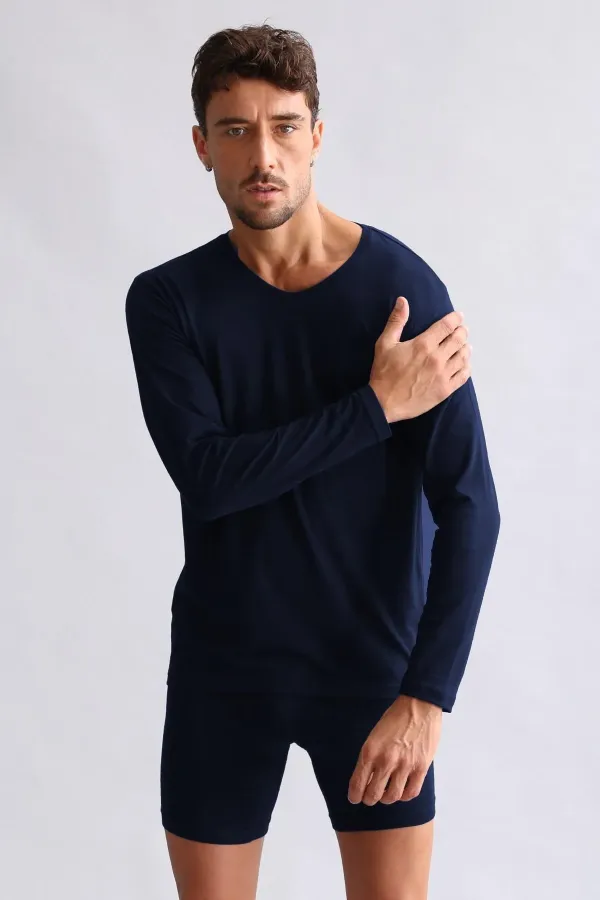 Mısırlı Modal By TENCEL HERCULES Slim Fit V-Neck Long-Sleeve Undershirt/T-Shirt Navy Blue