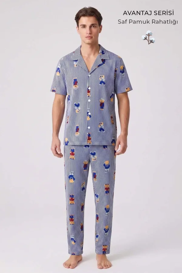 Mısırlı Erkek Pamuk Kısa Kollu Gömlek Pijama Takım Lacivert