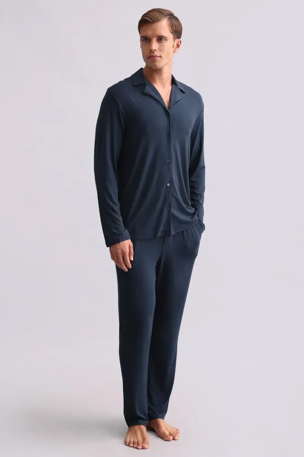 Chemise égyptienne à manches longues en modal, bleu marine