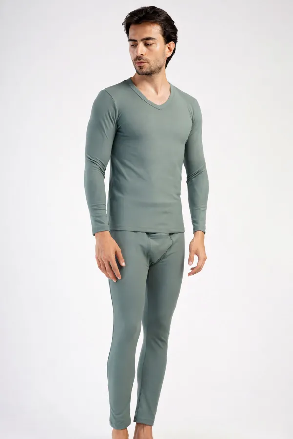 Men's V-Neck Long-Sleeve Underwear Set, Khaki