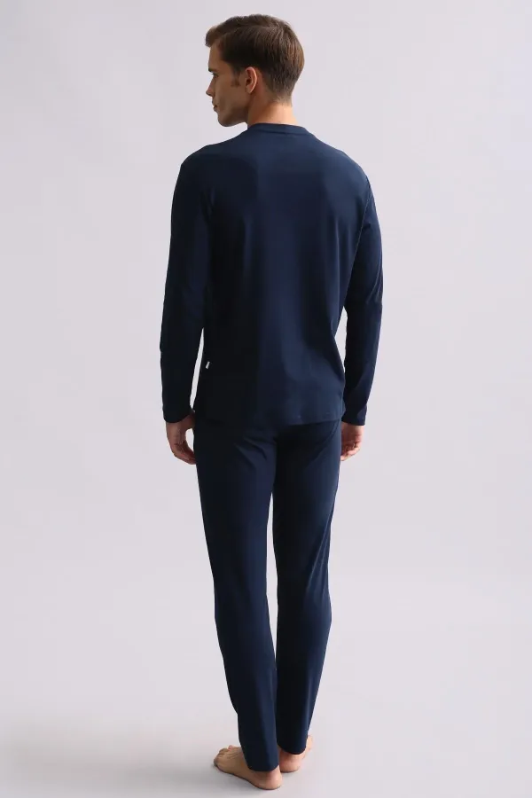 Ensemble pyjama égyptien pour homme, en coton, manches longues et chemise boutonnée, bleu marine