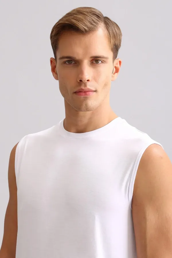 Débardeur/T-shirt de sport blanc à col rond, coupe classique, en bambou égyptien Zeus Luxury