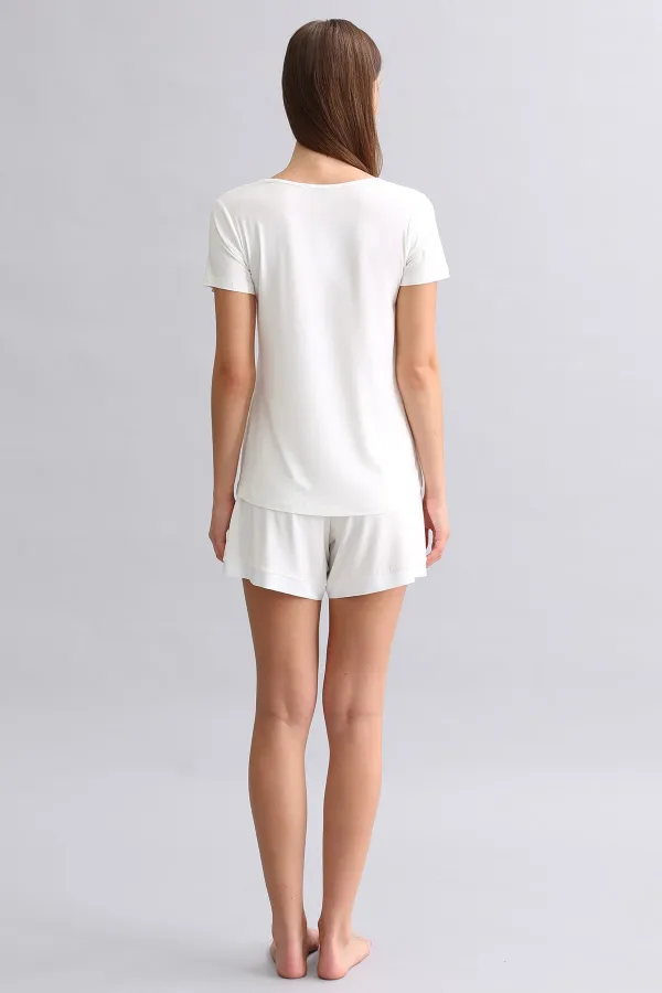 Mısırlı Kadın Saten T-Shirt Şort Takım Ekru