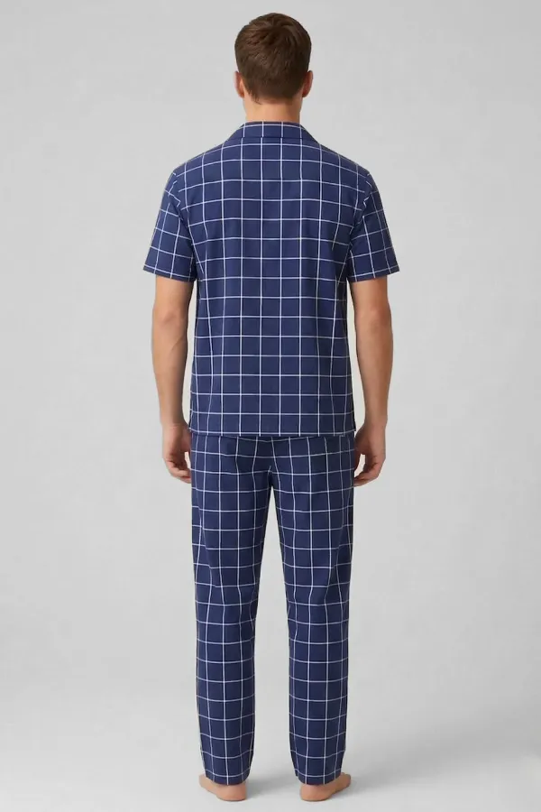 Mısırlı Erkek Pamuk Ekoseli Gömlek Pijama Takım Lacivert