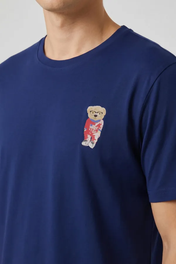 Erkek Pamuklu Ayıcık Desen Bisiklet Yaka Sort Takım Lacivert