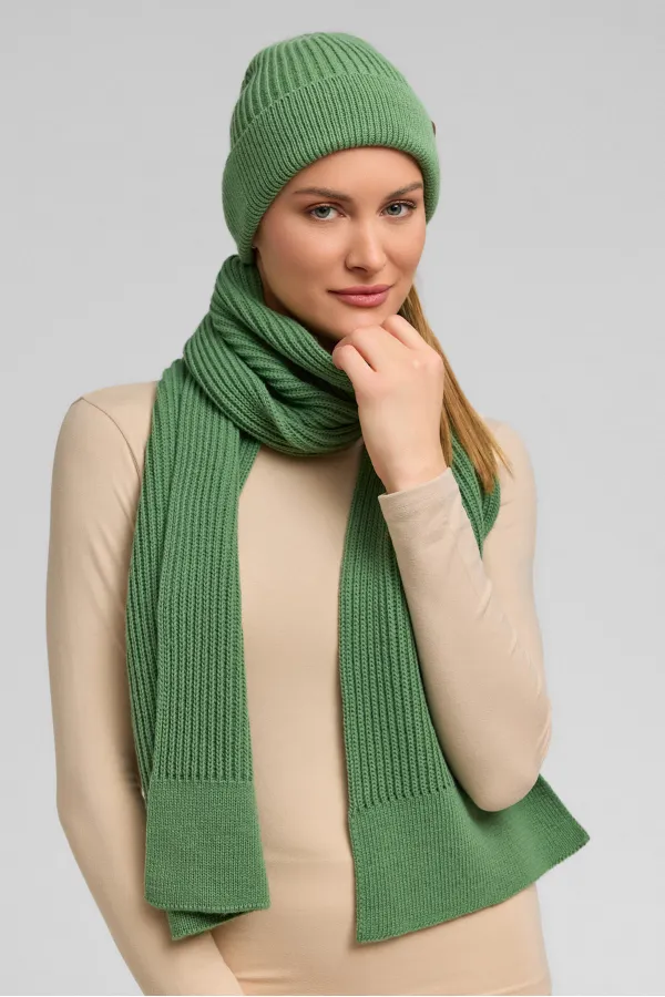 Ensemble écharpe et bonnet unisexe en laine égyptienne - Vert Roseluis