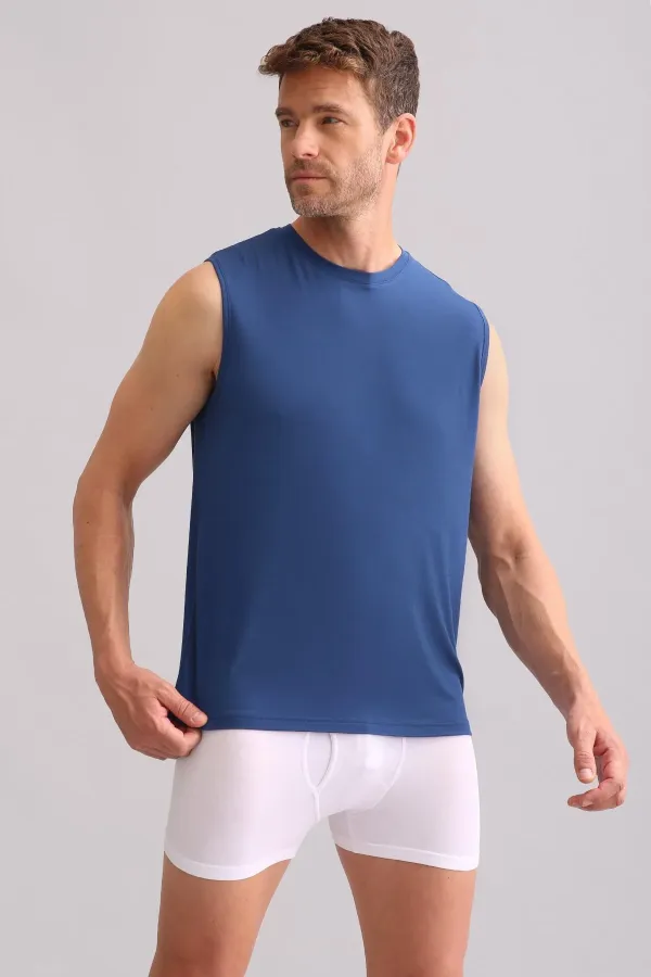 Débardeur/T-shirt de sport bleu marine à col rond, coupe classique, en bambou égyptien ZEUS