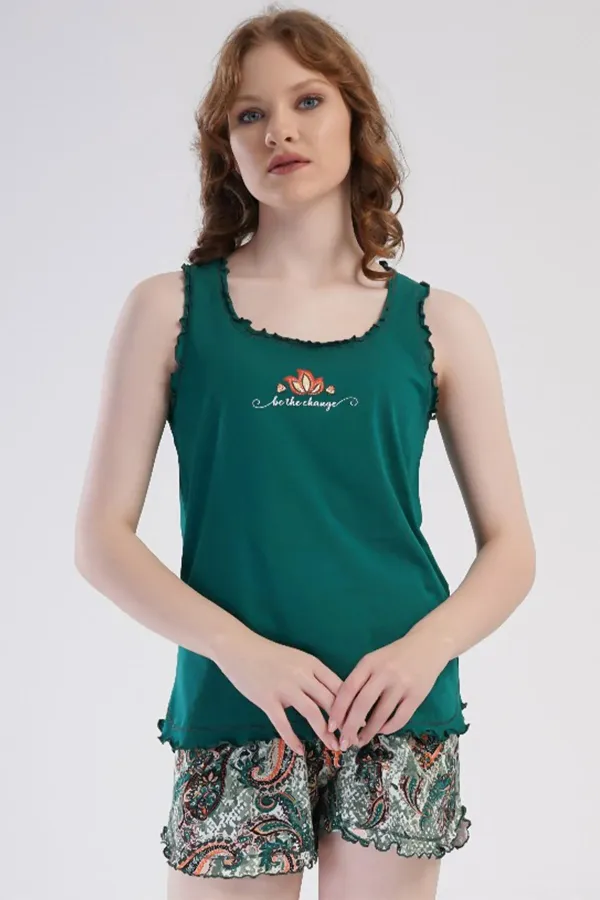 Kadın Pamuklu Kalın Askılı Şortlu Takımı Koyu Yeşil