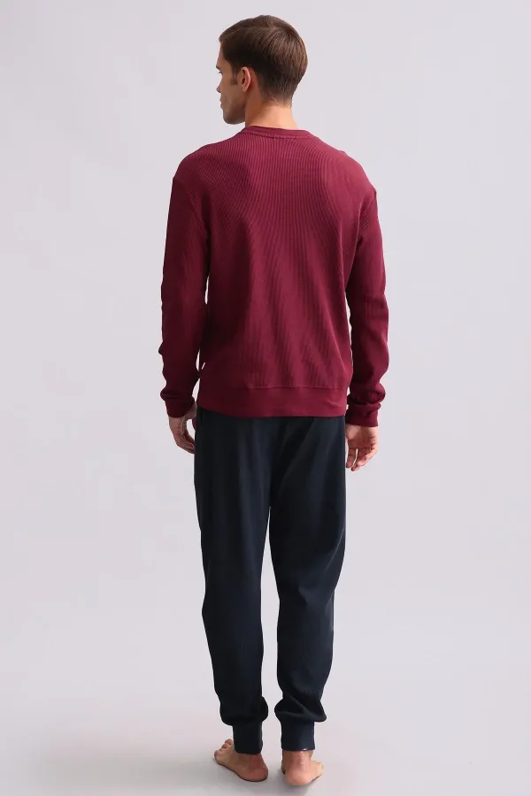 Ensemble pyjama à manches longues en coton pour homme, couleur bordeaux, d'origine égyptienne