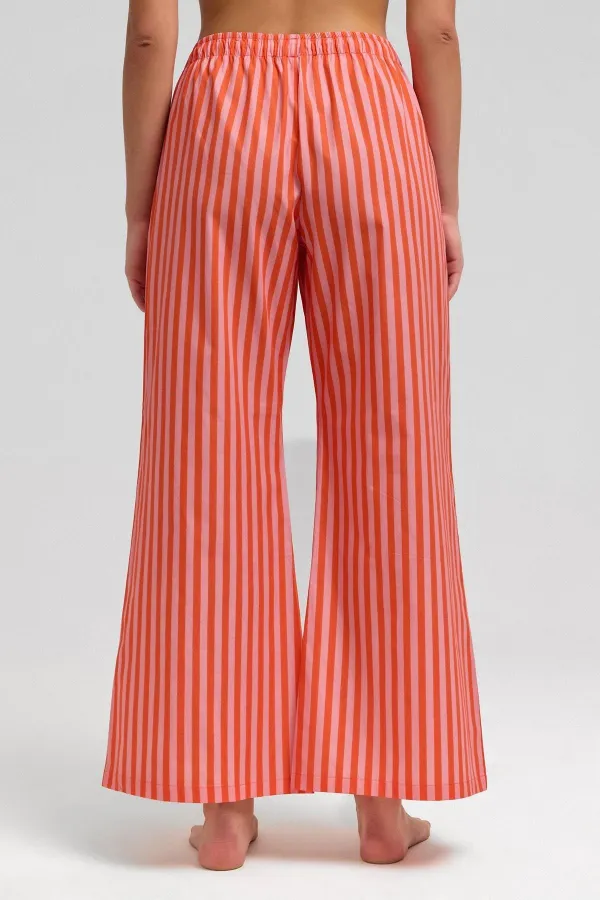 Mısırlı Kadın Pamuklu Poplin Çizgili Pijama Altı / Pantolon Turuncu-Pembe