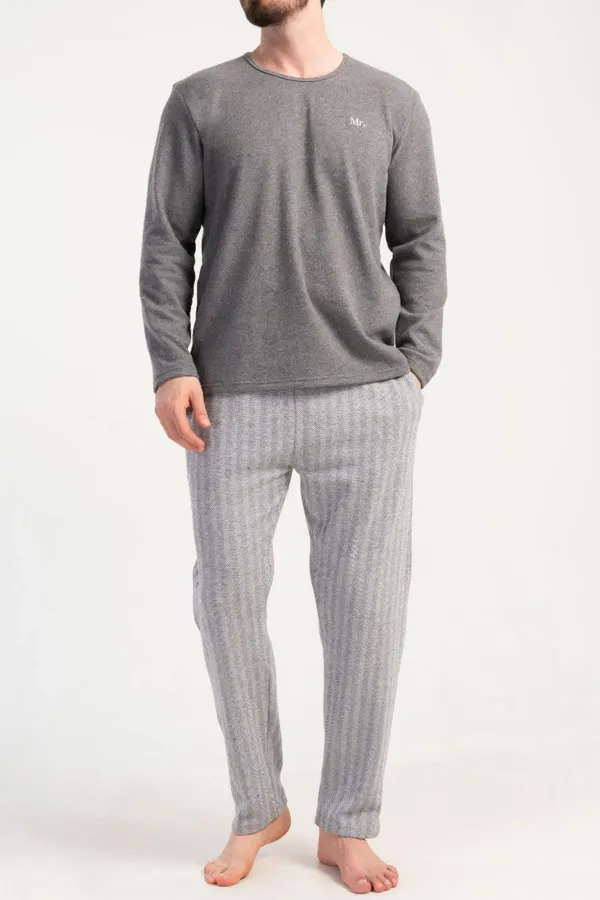 Ensemble de pyjama à manches longues rayé en maille interlock pour homme, gris, de style égyptien