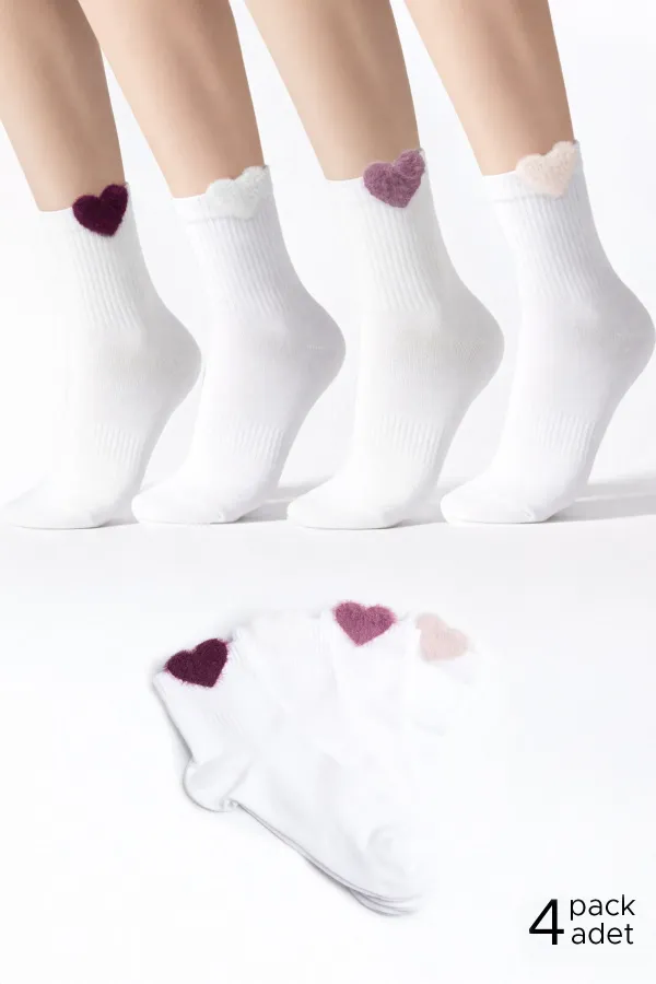 Women's Cotton Heart Patterned Short Ankle Socks, 4 Pairs, White