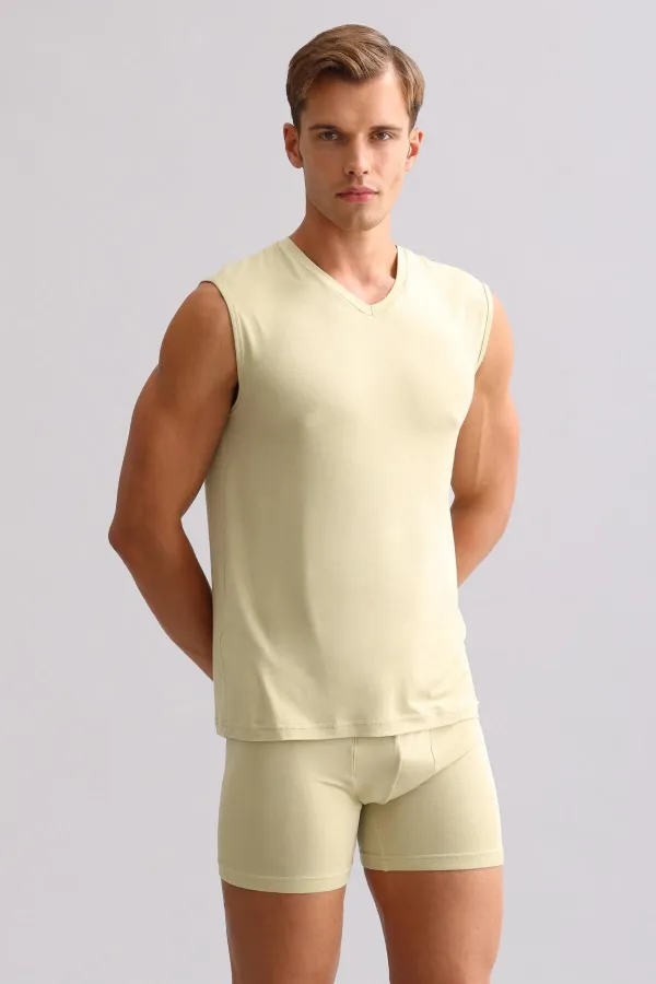 Débardeur/T-shirt de sport ZEUS LUXURY en coton biologique égyptien, coupe classique, col en V, couleur kaki des îles