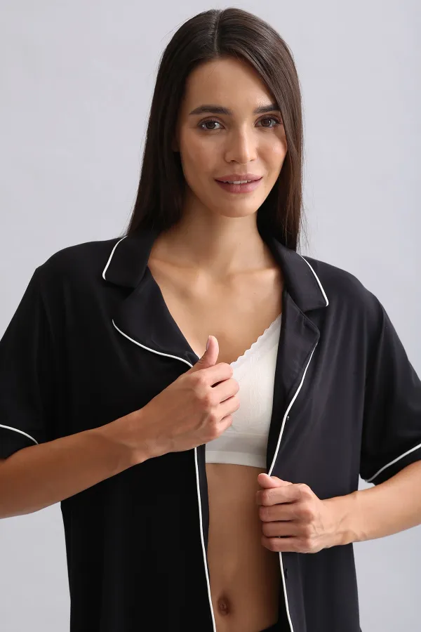 Mısırlı Kadın Bambu Kısa Kol Gömlek Siyah