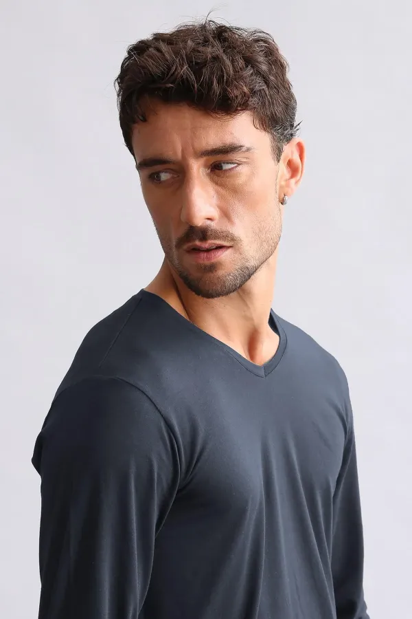 Débardeur/T-shirt à manches longues et col en V, coupe ajustée, en modal égyptien TENCEL HERCULES, couleur anthracite