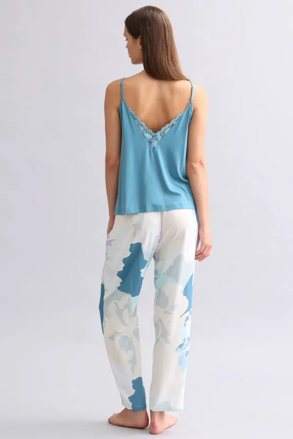 Viskon Aurora Desenli Geniş Paça Pijama Alt Lacivert