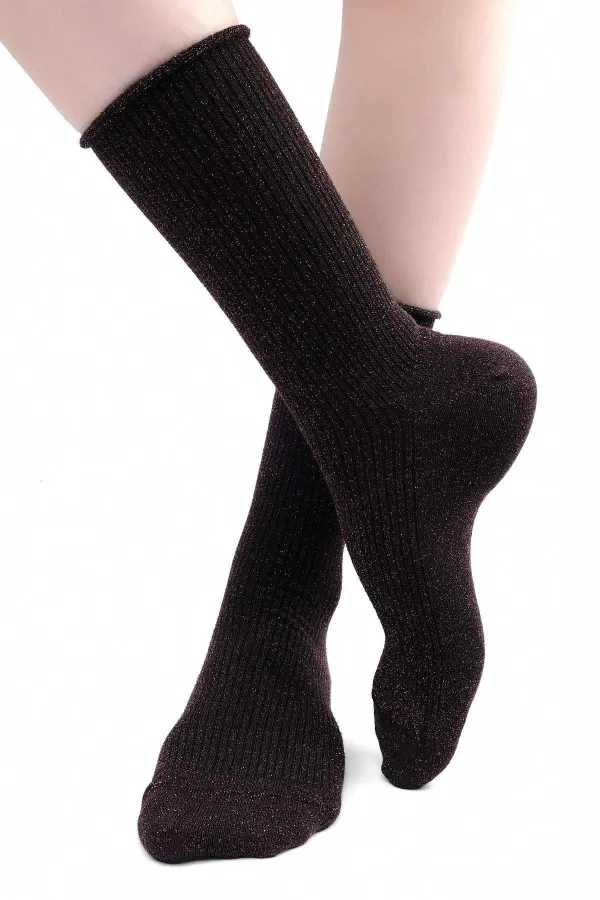 Mısırlı Kadın Bambu Simli Soket Çorap Koyu Kahverengi