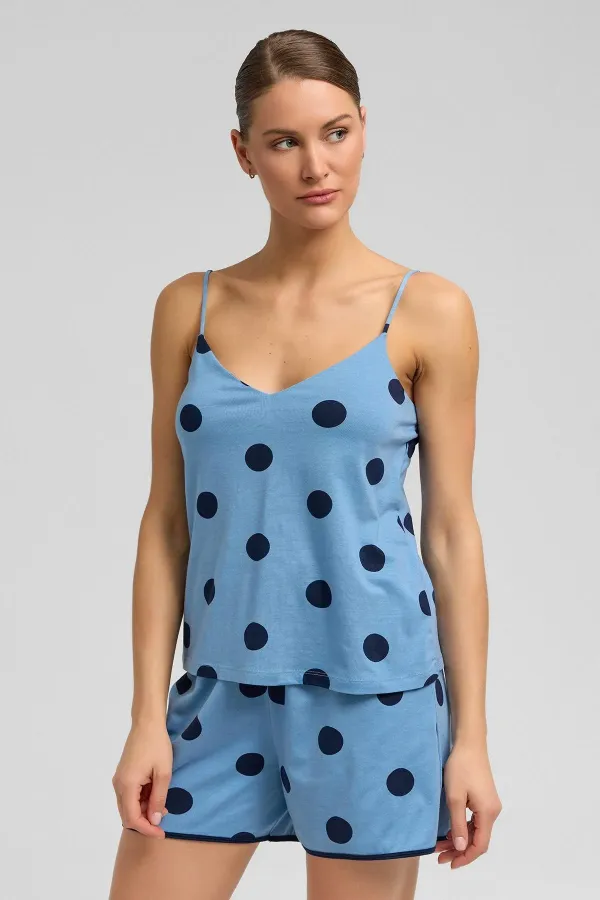 Haut de pyjama à bretelles en modal à pois pour femme, bleu ciel