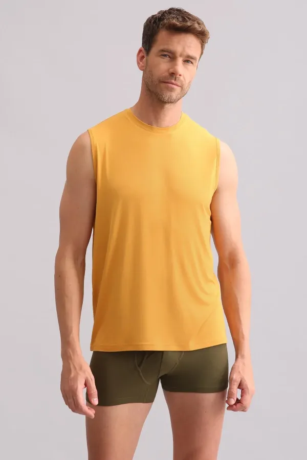 Débardeur/T-shirt de sport à col rond, coupe classique, couleur moutarde, en bambou égyptien ZEUS