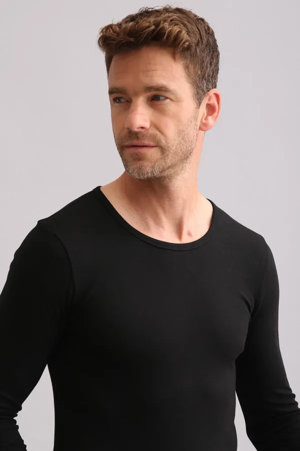Sous-vêtement/sweat-shirt thermique noir en bambou égyptien à col rond et manches longues