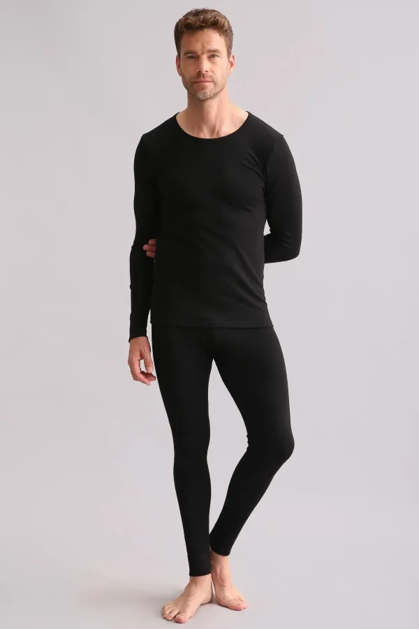 Sous-vêtement/sweat-shirt thermique noir en bambou égyptien à col rond et manches longues