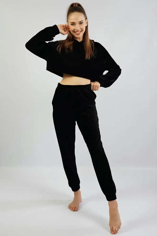 Mısırlı Kadın Kadife Uzun Kollu Pijama Takımı Siyah