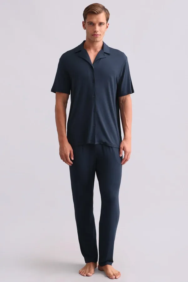 Chemise égyptienne pour homme en modal à manches courtes, bleu marine