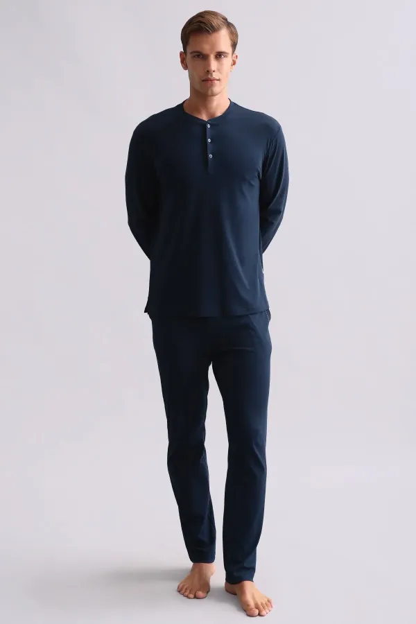 Ensemble pyjama égyptien pour homme, en coton, manches longues et chemise boutonnée, bleu marine