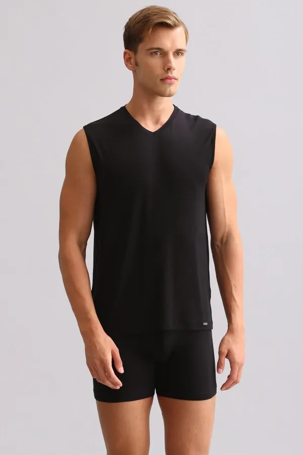Mısırlı BAMBU ZEUS LUXURY Regular Fit V Yaka Sporcu Atlet / T-Shirt Siyah