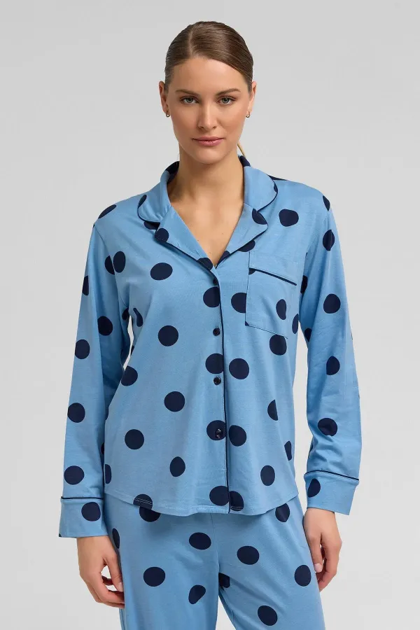 Mısırlı Women's Modal Knit Polka Dot Shirt, Baby Blue