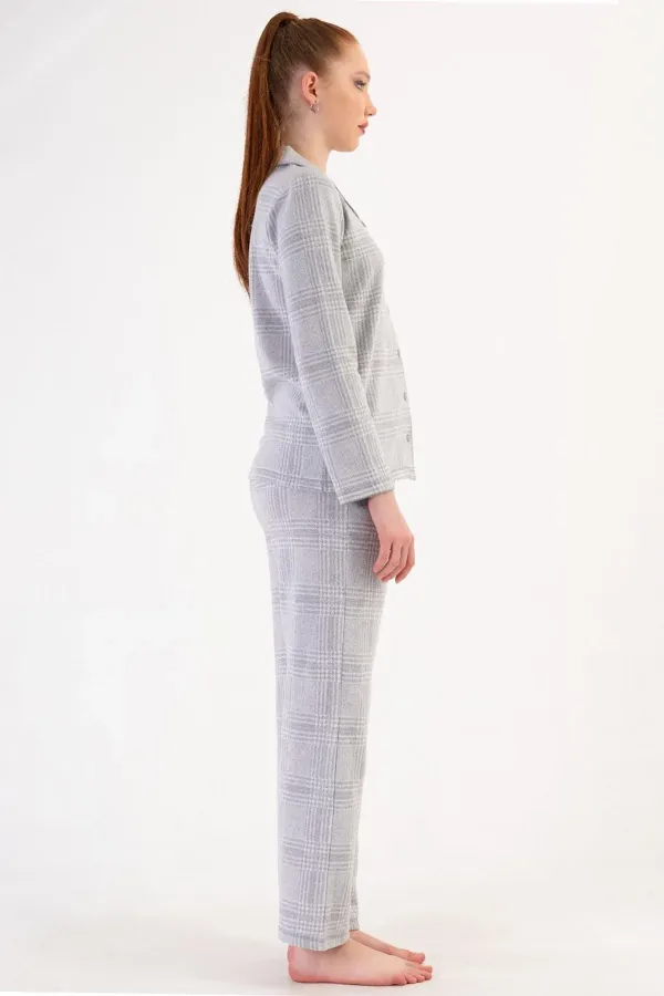Mısırlı Kadın İnterlok Uzun Kollu Gömlek Pijama Takımı Açık Gri