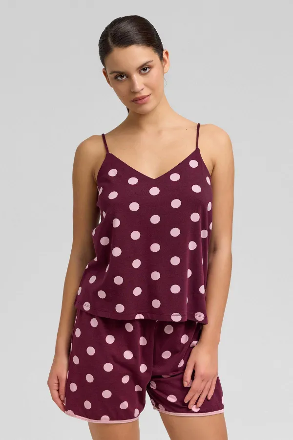 Mısırlı Kadın Modal Puantiyeli İp Askılı Şort Takımı Bordo