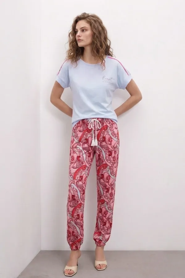 Mısırlı Kadın Pamuk Kısa Kol Pijama Takım Beyaz/Şal Desen