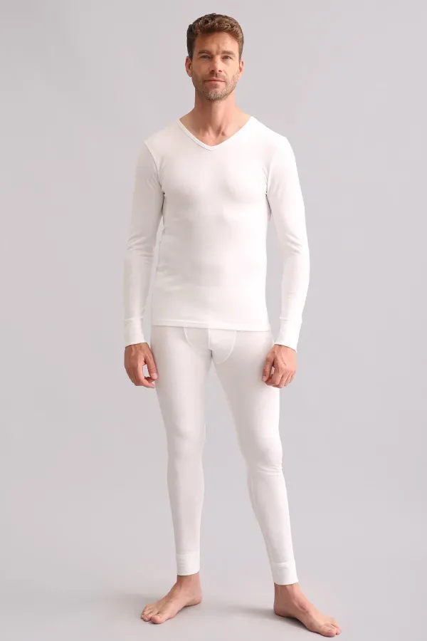 Sous-vêtement thermique à manches longues et col en V en bambou égyptien, écru