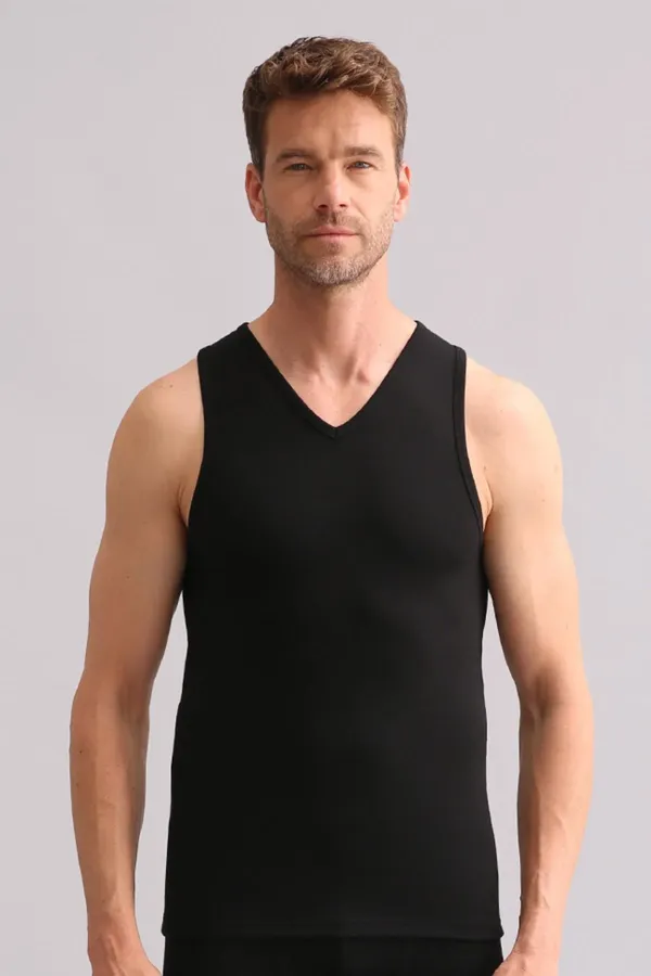 Débardeur/T-shirt de sport thermique en bambou égyptien à col en V noir