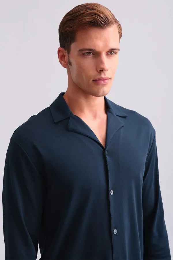 Ensemble pyjama chemise en coton pour homme, bleu marine, style égyptien