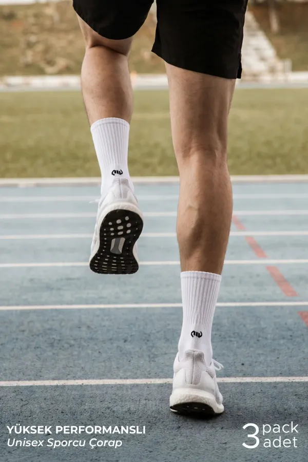 Mısırlı Unisex Pamuklu Spor Çorap, 3'Lü Beyaz
