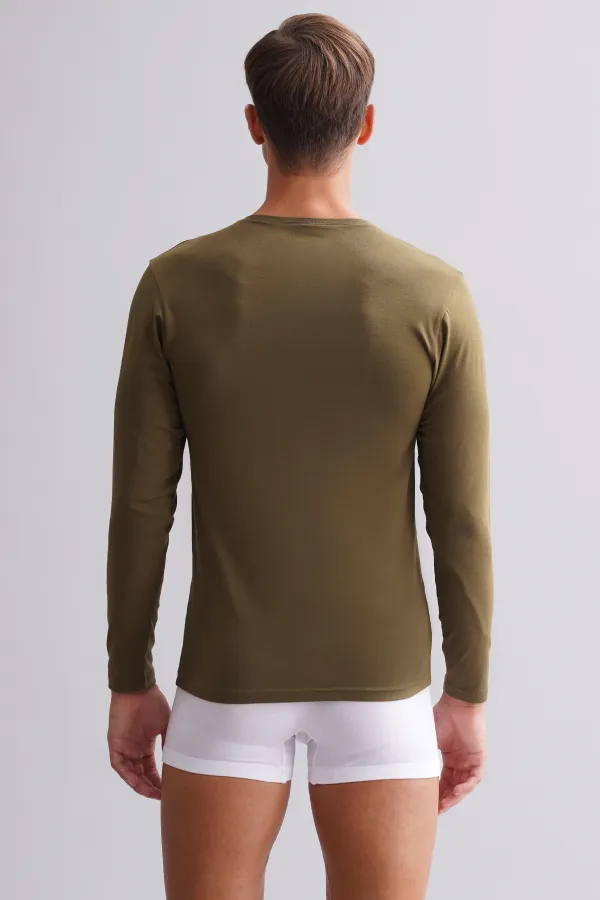 BAMBU HERCULES Slim Fit Crew Neck Long Sleeve Men's Undershirt Dark Khaki