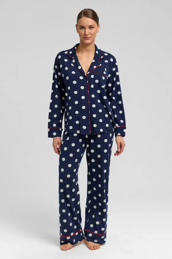 Ensemble pyjama égyptien pour femme en modal à pois bleu marine