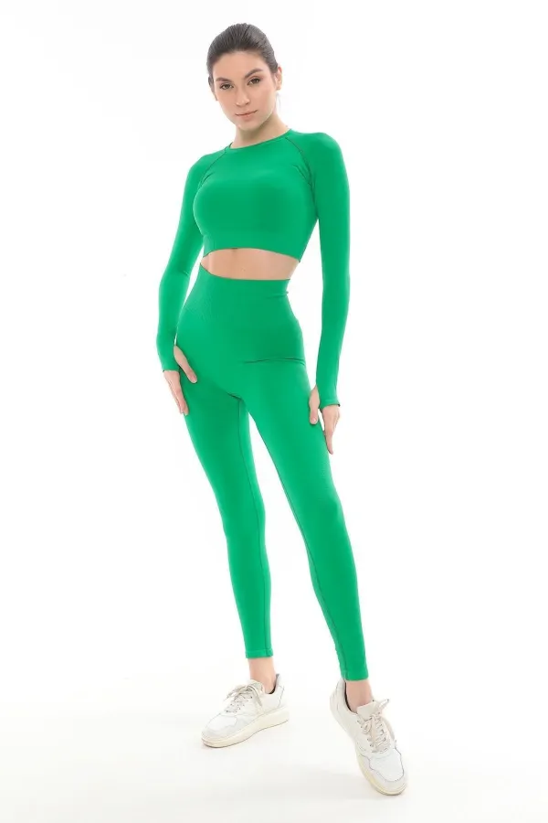 Mısırlı Kadın Uzun Kollu Spor Tayt Takımı Çimen Yeşili