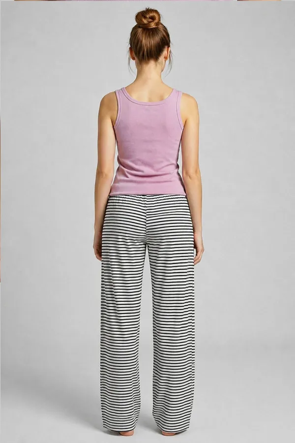 Ensemble pyjama rayé en coton pour femme, style égyptien, lilas/noir
